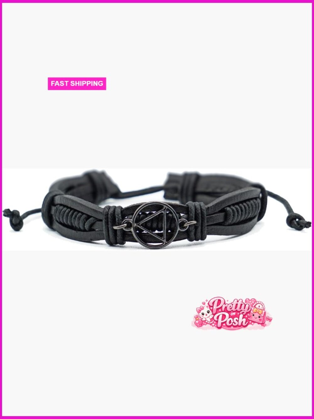 Adjustable Black Leather Bracelet with AA Circle Triangle Charm